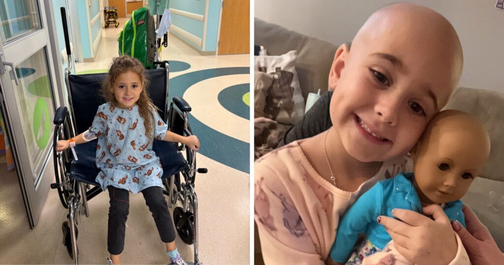 A young girl with long hair sits in a wheelchair, smiling in a hospital corridor. Later, she is bald and smiling, hugging a doll at home.