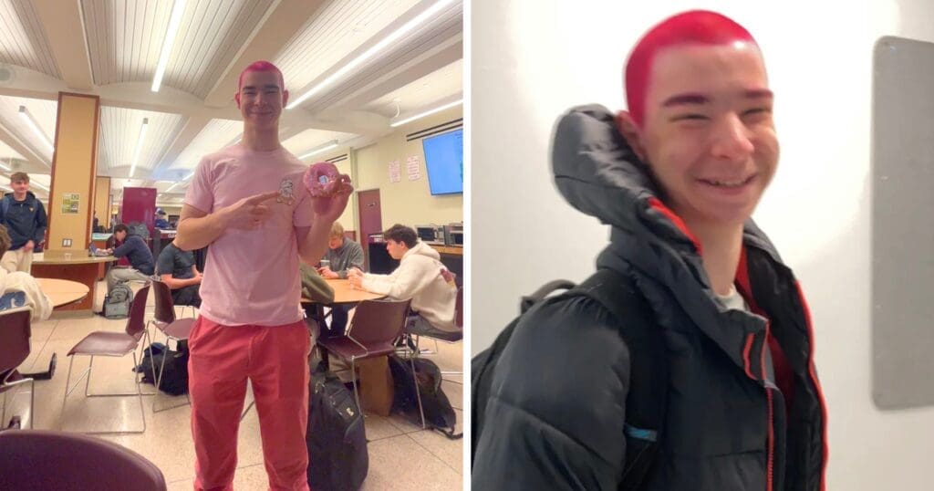 A smiling person with bright pink hair stands in a classroom. On the left, they wear a pink shirt and pink pants, holding a donut. On the right, he is sporting the same bright pink hair in a black jacket.