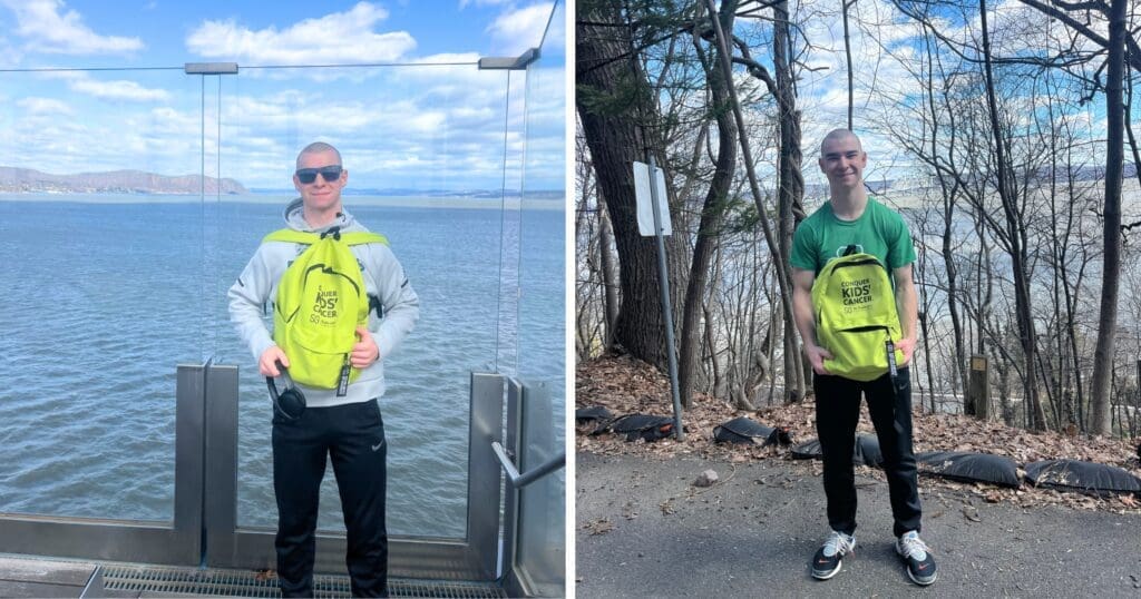A man poses in two locations, each holding a bright green backpack that says 'conquer kids' cancer.' Left: on a glass balcony overlooking a lake under a blue sky. Right: on a wooded trail near a body of water, wearing a green shirt amidst trees.