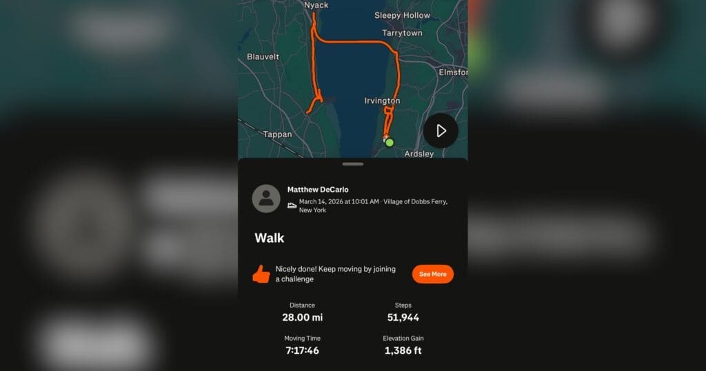 Alt text: A fitness app screenshot shows a walking route in the Nyack and Irvington area. Below, stats display 28.00 miles, 51,944 steps, time of 7:17:46, and elevation gain of 1,386 ft. The tone is motivational, with a message encouraging further challenges.