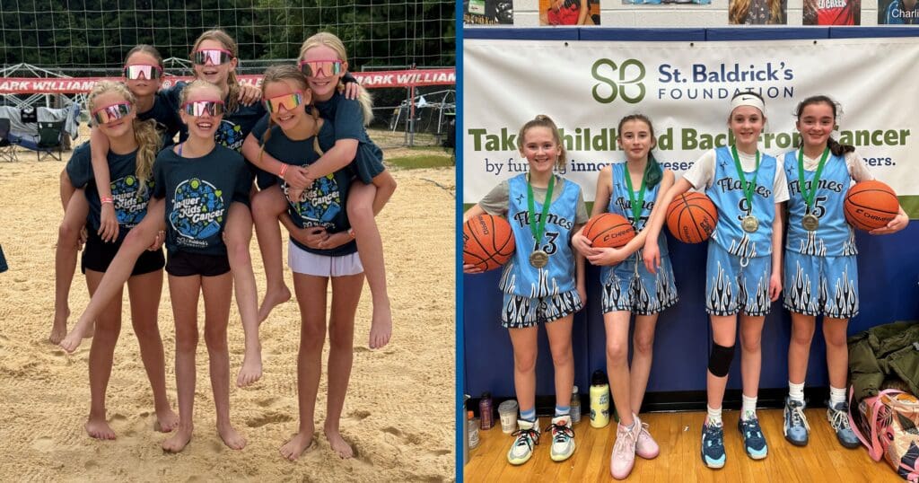 A group of young girls poses on a sandy volleyball court, smiling and wearing colorful reflective sunglasses. Another group stands proudly in basketball uniforms, displaying medals and holding basketballs, in front of a St. Baldrick's Foundation banner. The mood is joyful and triumphant in both settings.