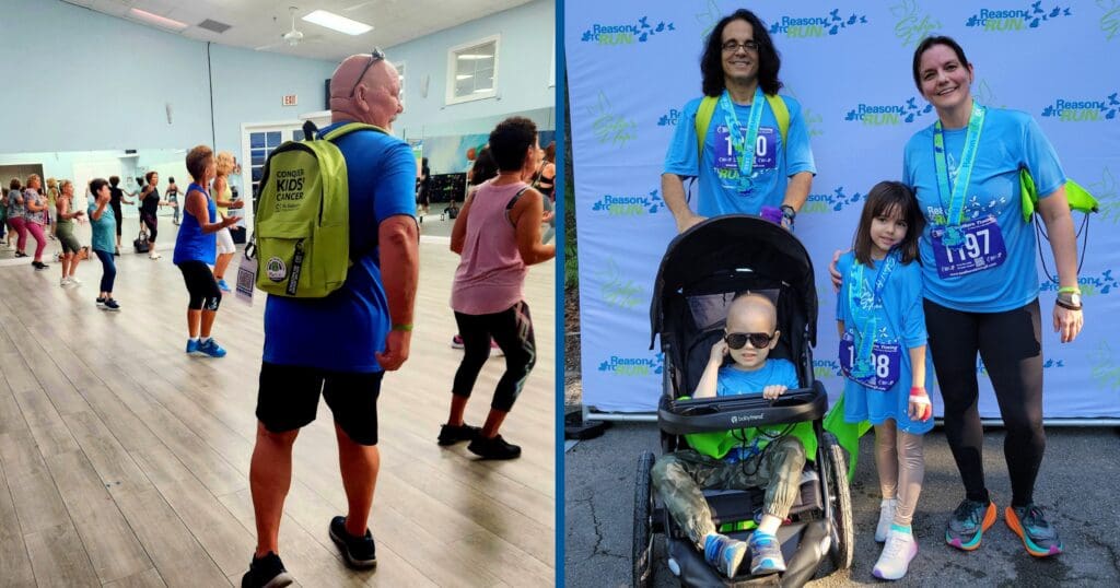 Left image: Group fitness class with diverse participants in a bright studio. Right image: Three people and a child in a stroller at a charity event, all wearing matching blue "Reasons to Run" shirts and medals, smiling joyfully.