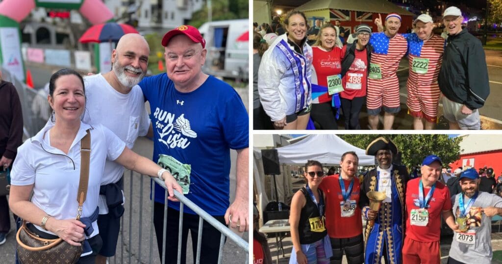 A collage of runners smiling at events. The left shows two men and a woman by a barrier. The top right group poses in fun, patriotic outfits. The bottom right includes runners with medals, one person dressed as a historical figure. The mood is joyful and celebratory.