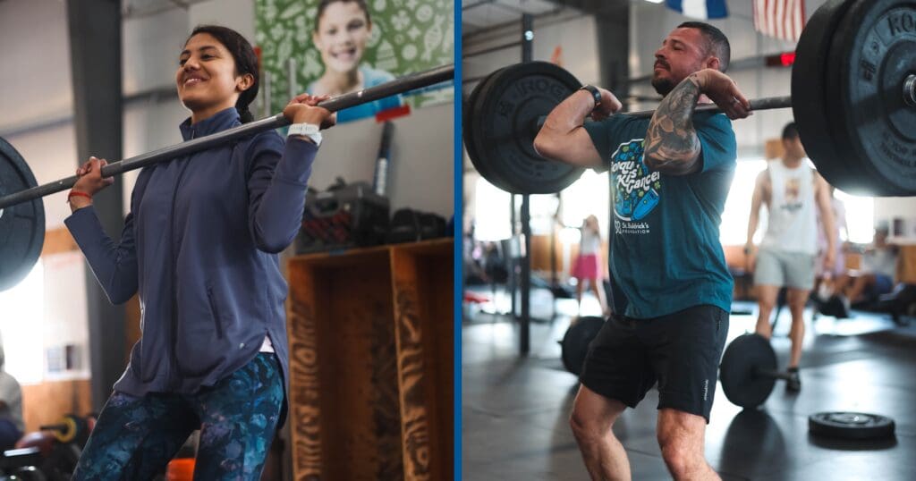 Two people are seen weightlifting in a gym, each holding a barbell. The scene conveys focus and determination in an energetic indoor setting.