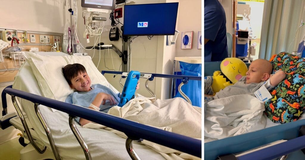 Left: In a hospital room, a young boy smiles while lying in bed, holding a tablet. Right: The same young boy rests, surrounded by colorful stuffed toys.