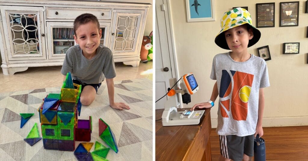 On the left, a smiling boy kneels on a patterned rug, posing with a colorful magnetic block tower. On the right, the same boy stands indoors wearing a floral bucket hat and printed t-shirt, holding a water bottle near an educational display.