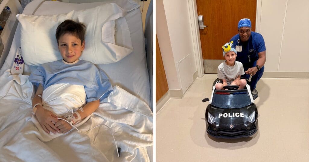 Left: A young boy in a hospital bed smiles, wearing a blue gown. Right: He's joyfully sitting in a toy police car, accompanied by a cheerful nurse in a hallway.