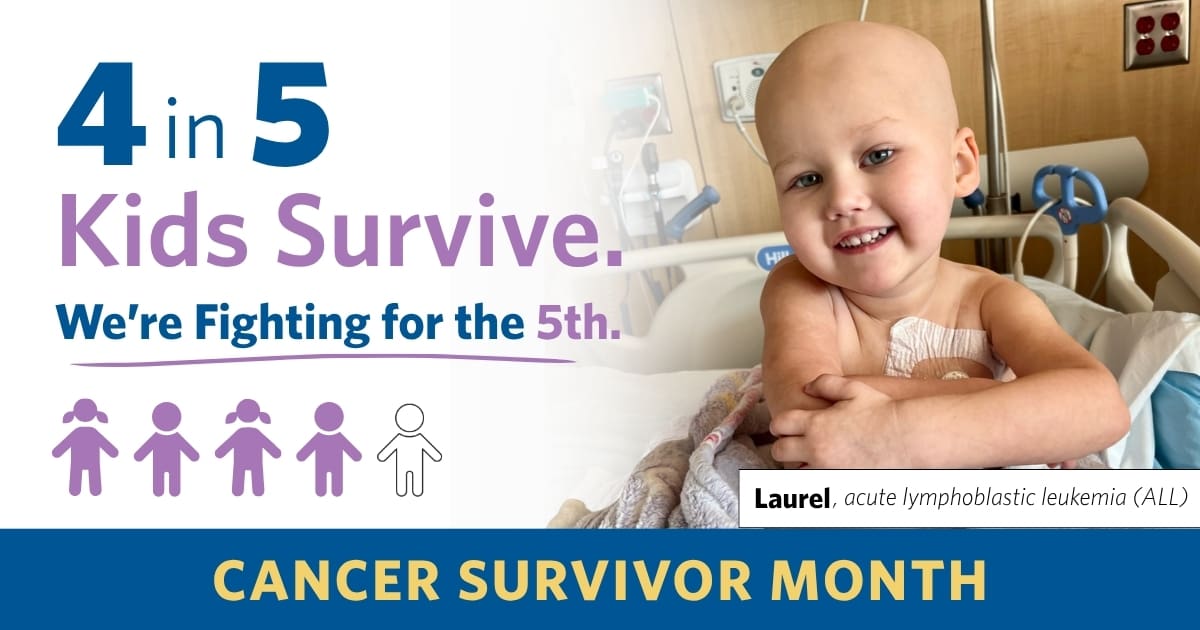 Child with a cheerful smile in a hospital bed, promoting Cancer Survivor Month. Text: “4 in 5 Kids Survive. We’re Fighting for the 5th.” Laurel, acute lymphoblastic leukemia.