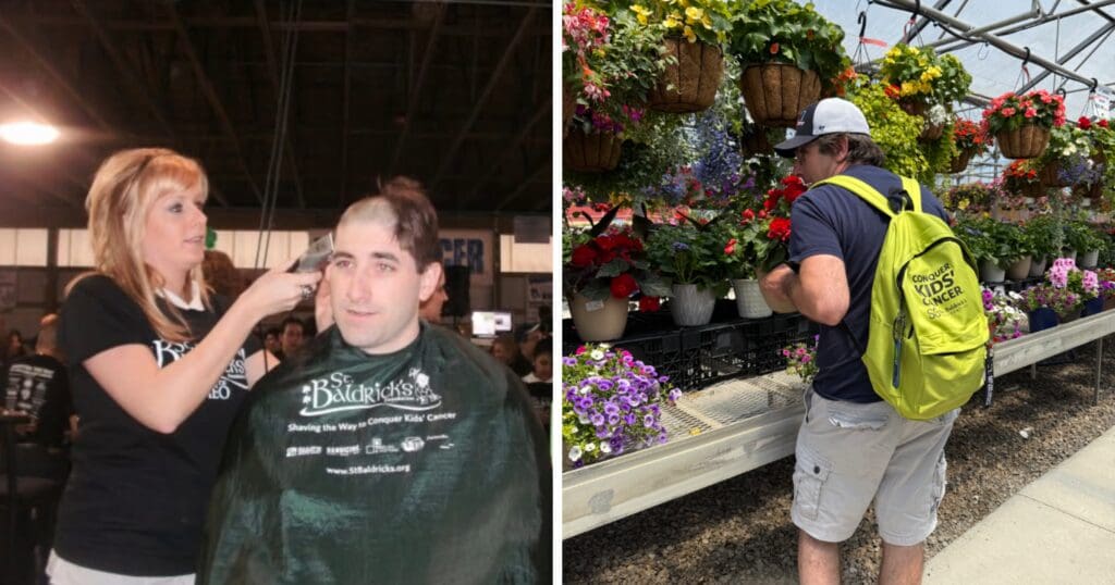 Left image: A woman shaves a man's head at an indoor charity event. Right image: A man with a backpack admires hanging flowers in a greenhouse.