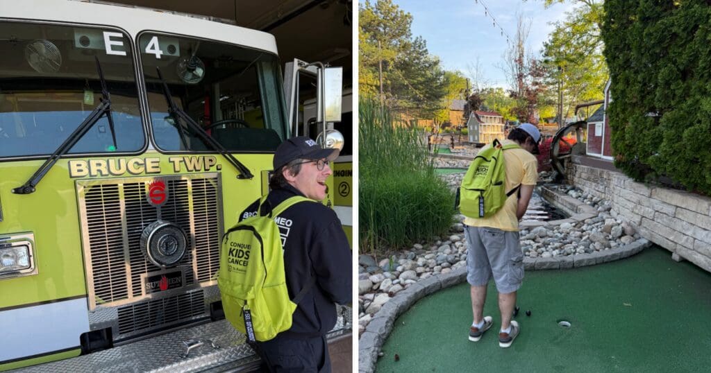 Left image: A person with a lime green backpack stands beside a yellow fire truck labeled "Bruce Twp E4" in a garage. Right image: The same person plays mini-golf, focused on the green course amidst greenery and rocks.