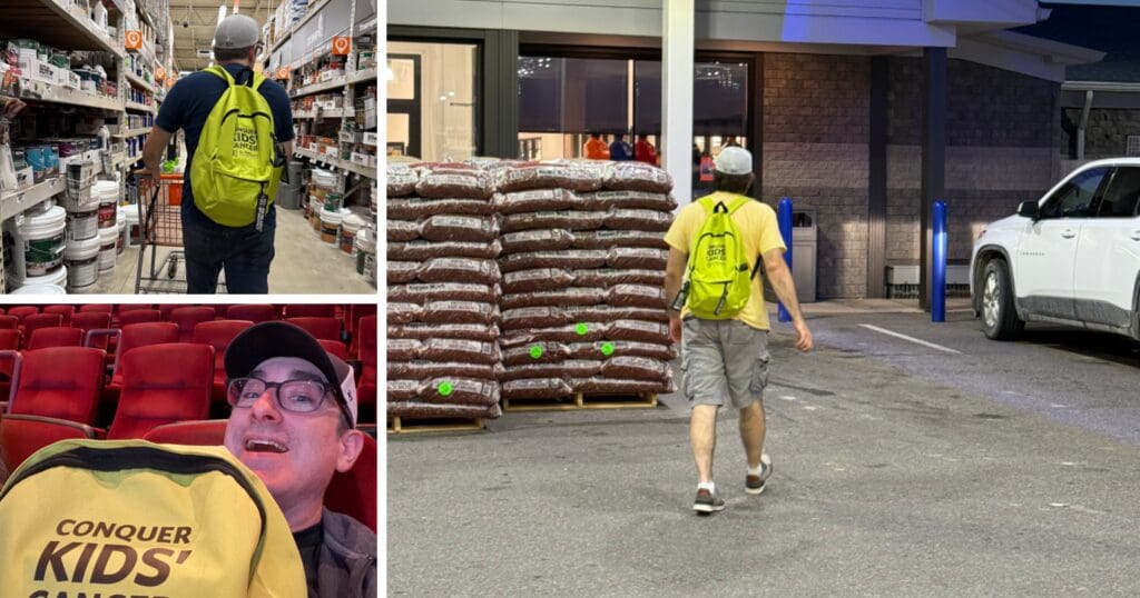 Upper left and right: A man wearing a bright green "Conquer Kids' Cancer" backpack shops and walks outside. Lower left: The same man smiling in a theater with the same backpack.