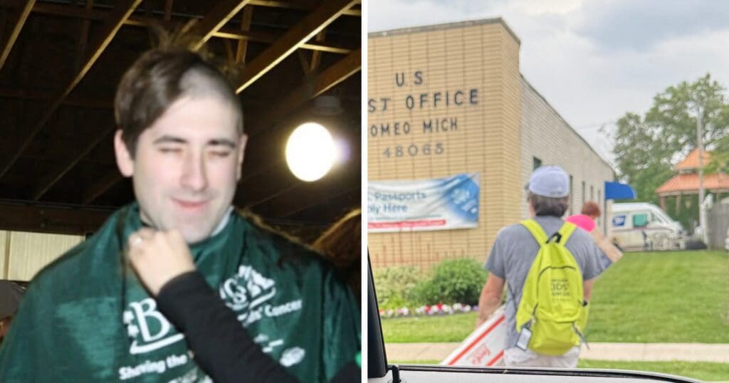 Left: A man is getting his head shaved, smiling slightly, under indoor lighting. Right: The same man with a bright green backpack and cap standing outside a U.S. post office. The atmosphere is calm and casual.
