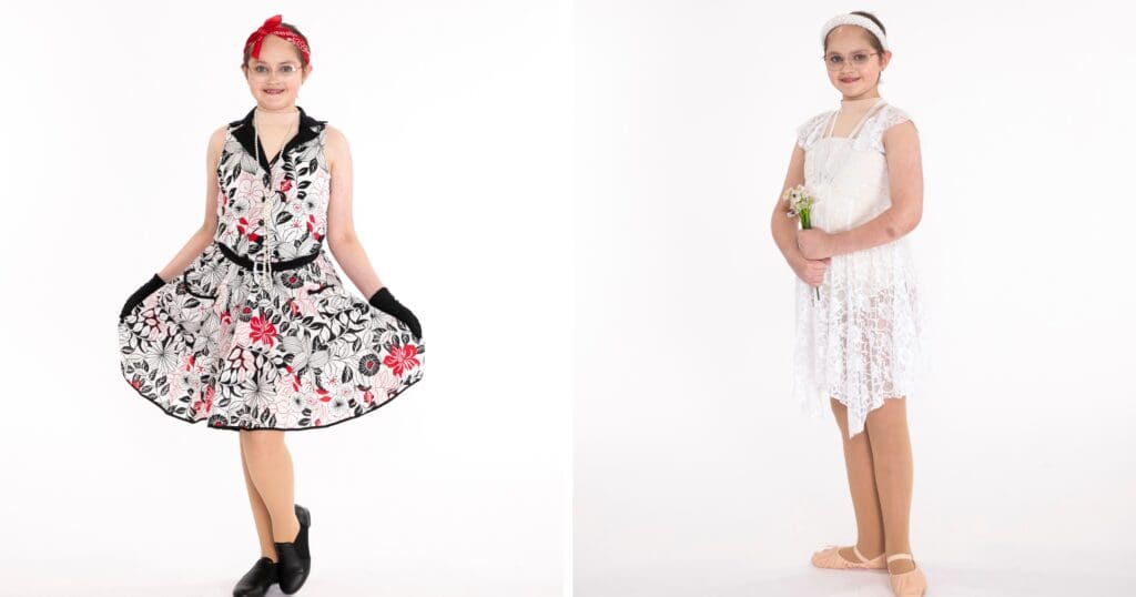 Two images of a young girl. Left: She smiles, wearing a retro dress with red flowers and black gloves. Right: She holds flowers, wearing a lace dress and ballet shoes.