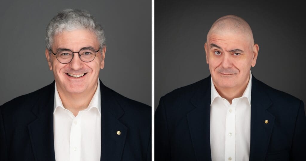 Two side-by-side portraits of a man in a suit. On the left, he has gray hair and glasses, smiling warmly. On the right, he is bald, raising an eyebrow humorously.