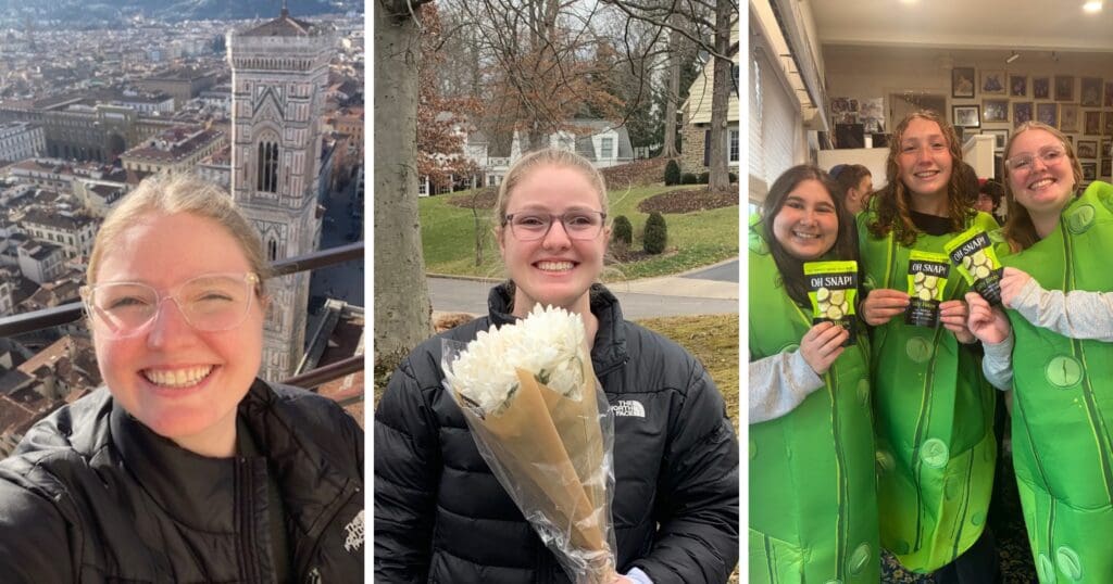 Three images in a collage: The first shows a smiling person with a cityscape and tower in the background. The second features the same person holding white flowers, set against a park backdrop. The third shows her with two others in pickle costumes, holding "Oh Snap!" labels, all smiling indoors.