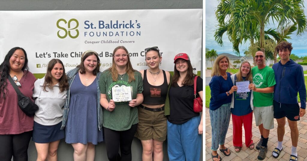 Two groups of people stand smiling in front of a St. Baldrick's Foundation banner. They are casually dressed and appear happy, supporting a cancer charity event.