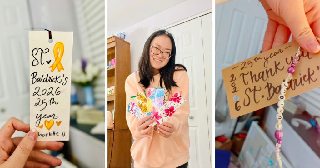 A collage featuring a woman holding handmade bookmarks, expressing joy and appreciation.