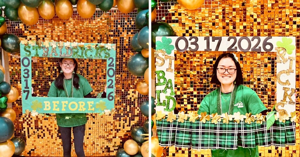 A girl in a green shirt poses with green and gold decorations in two images (on the left, she has long hair and on the right, she has short hair), showcasing a festive atmosphere.