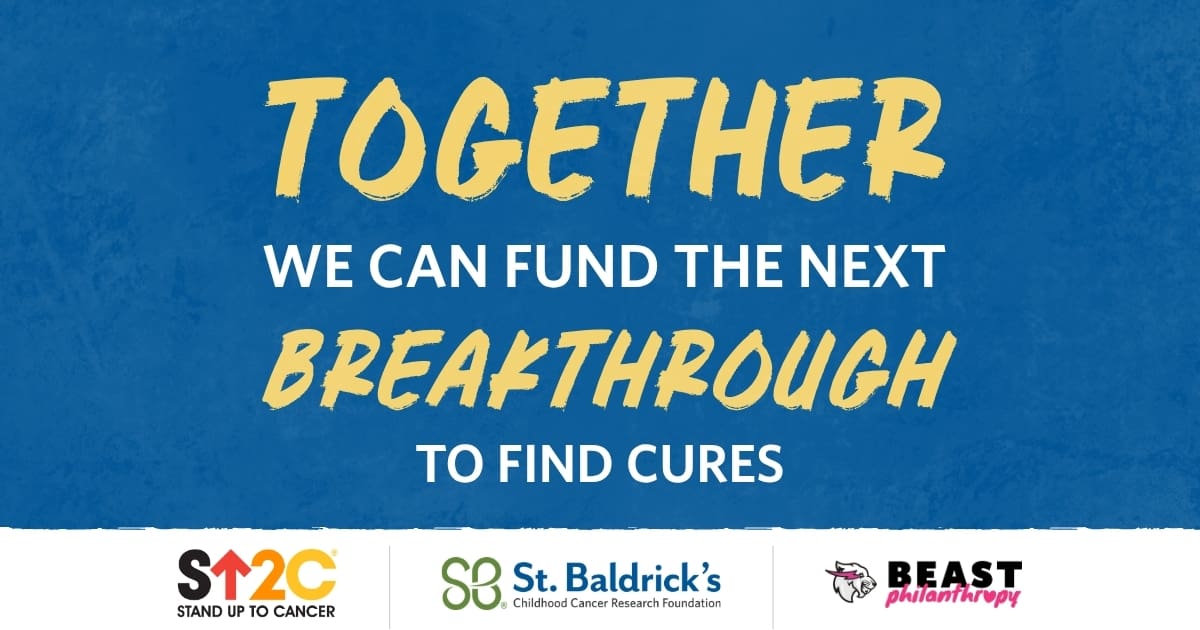 Text graphic promoting collaboration to fund breakthroughs in medical research for finding cures.