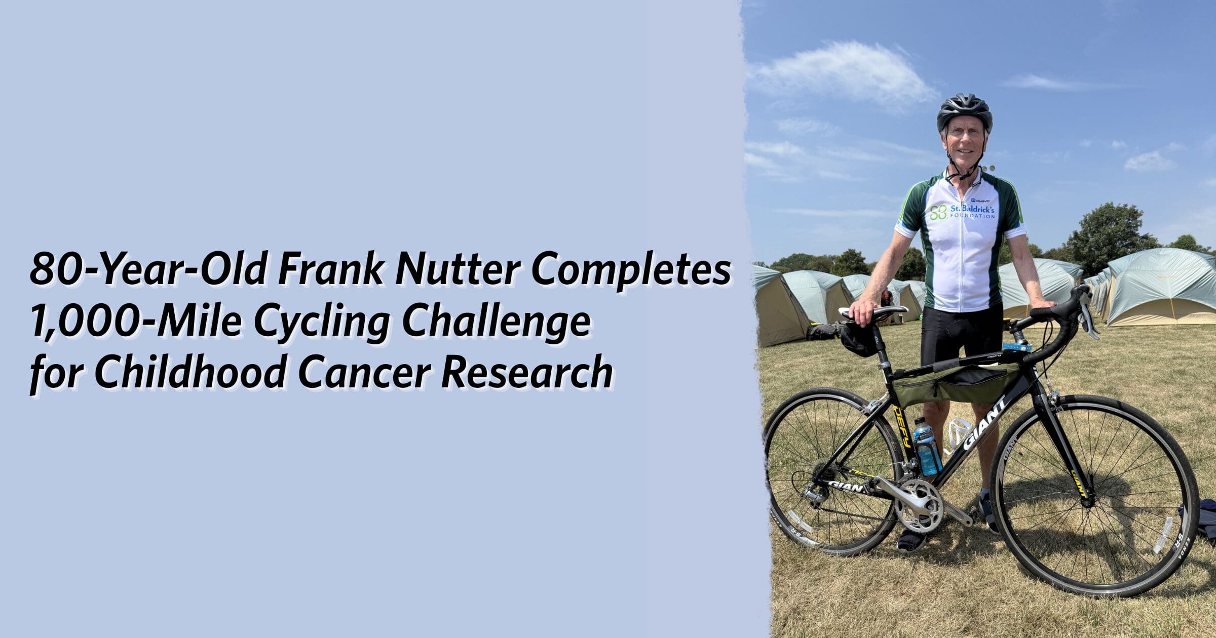 80-year-old Frank Nutter stands with his bicycle near tents after completing a 1,000-mile cycling challenge for childhood cancer research.
