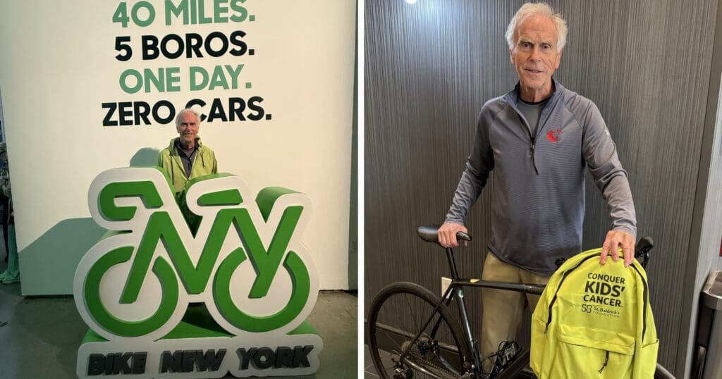 Split image: a man poses with a bicycle beside a “40 miles, 5 boroughs, one day, zero cars” sign and a charity bag.