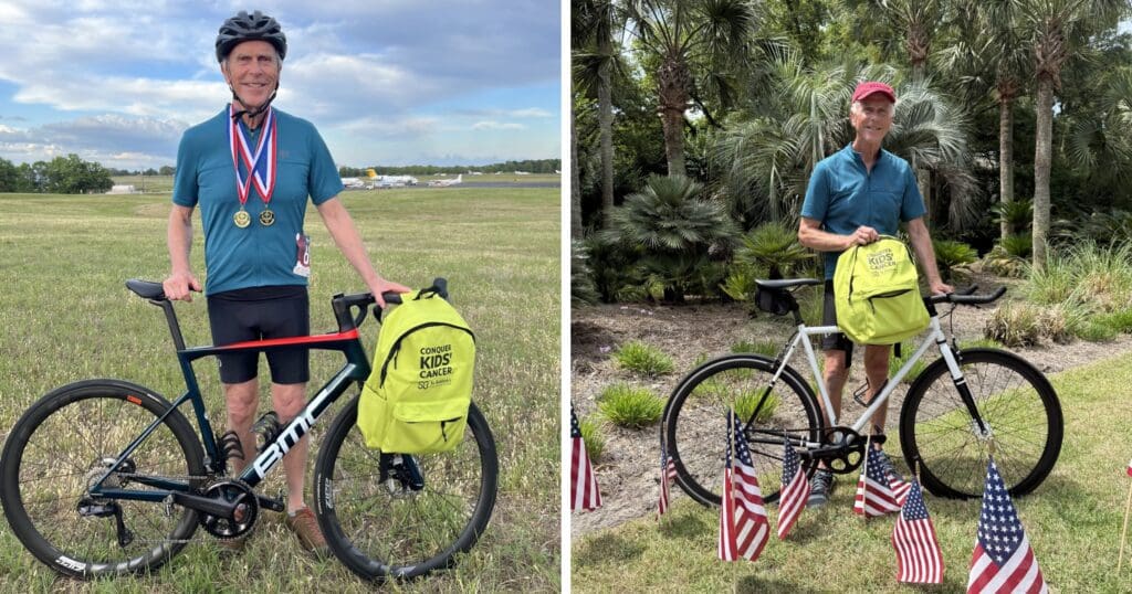 Collage of smiling cyclist with medals beside a road bike and Kids on the Go bag; U.S. flags, palms, and sunny outdoor settings.