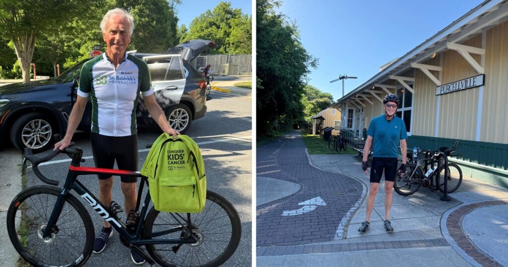 Two cyclists pose outdoors with bicycles: an older man beside a Kids Cancer backpack, and another near bikes at a lodge, conveying purpose and camaraderie.