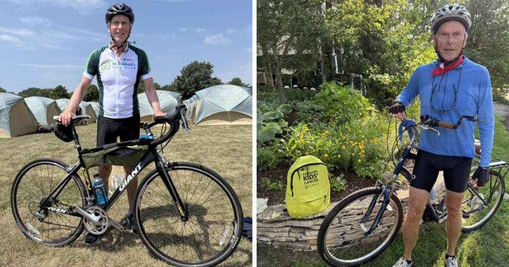 Split image of two smiling cyclists in helmets beside road bikes: one at a sunny campsite, the other in a leafy garden with a bike bag.