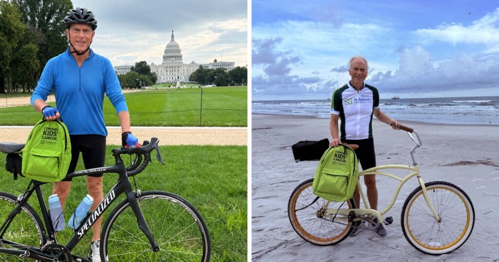 Split image of a smiling cyclist with a green Conquer Kids' Cancer backpack, posing beside a road bike at the U.S. Capitol and a cruiser on a beach.